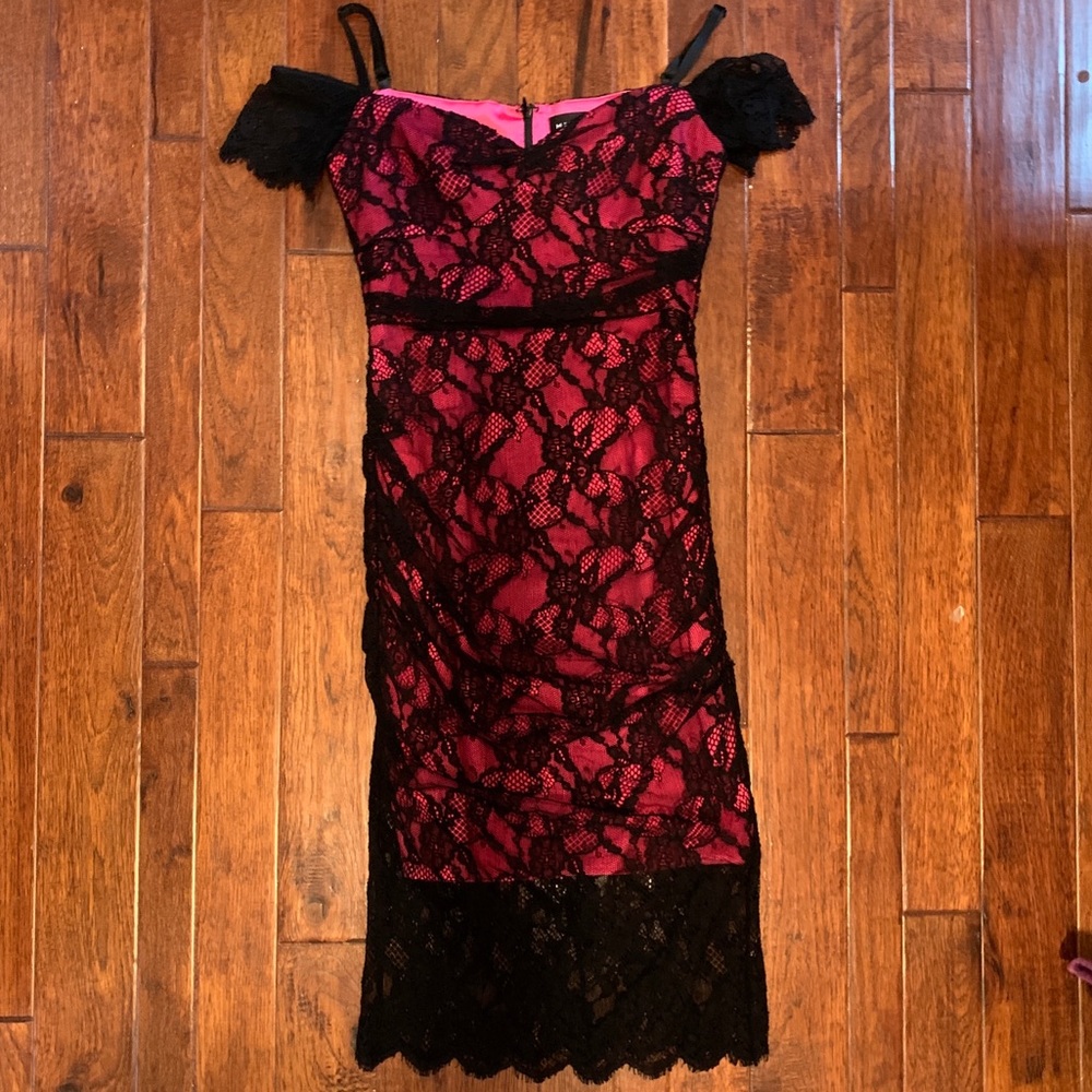MILLY Lace Pink and Black Midi Dress